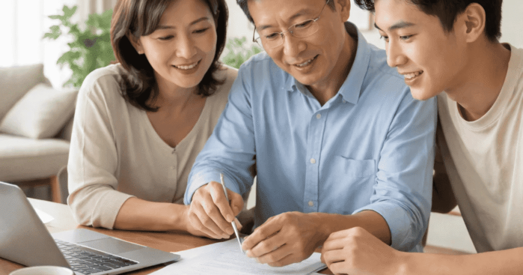Family reviewing property transfer documents at home, illustrating stamp duty considerations when parents transfer property to their children.
