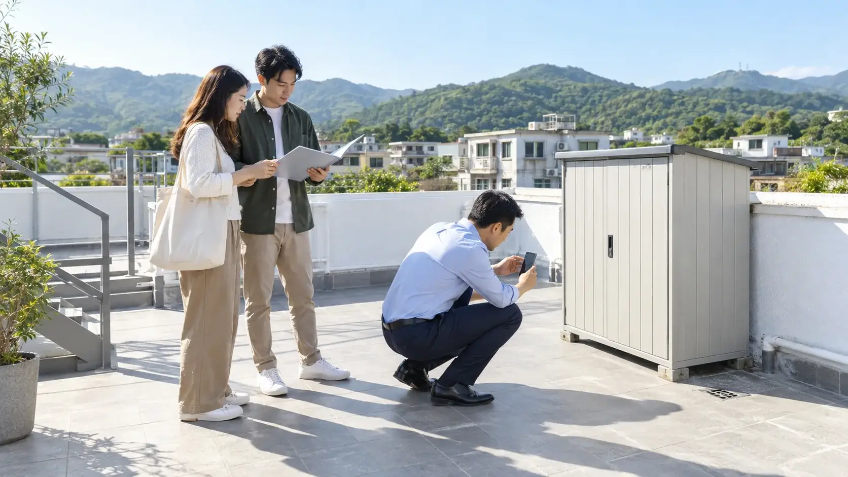 示意圖:買家與代理在村屋天台核對文件並拍攝既有儲物櫃、去水位及通道