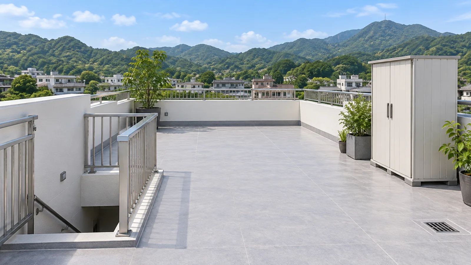 示意圖:預製儲物櫃設於天台一側,樓梯入口與排水口保持可見及通行空間
