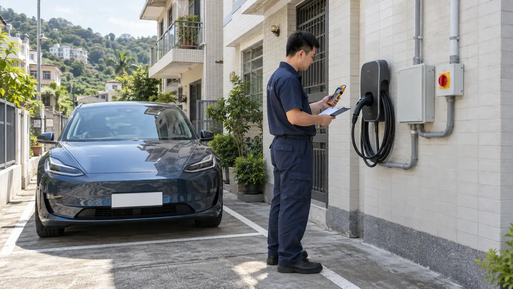 示意圖:電業工程人員在香港新界村屋車位檢查掛牆式 Type 2 EV 充電器、防水配電箱及隔離開關