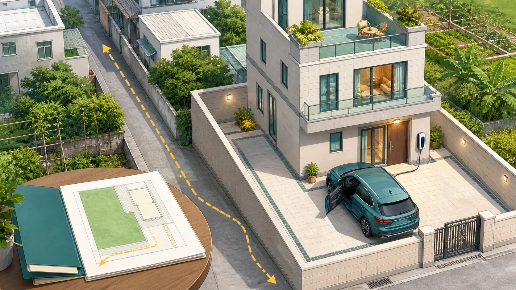 村屋車位文件路權空間及充電四項檢查示意圖